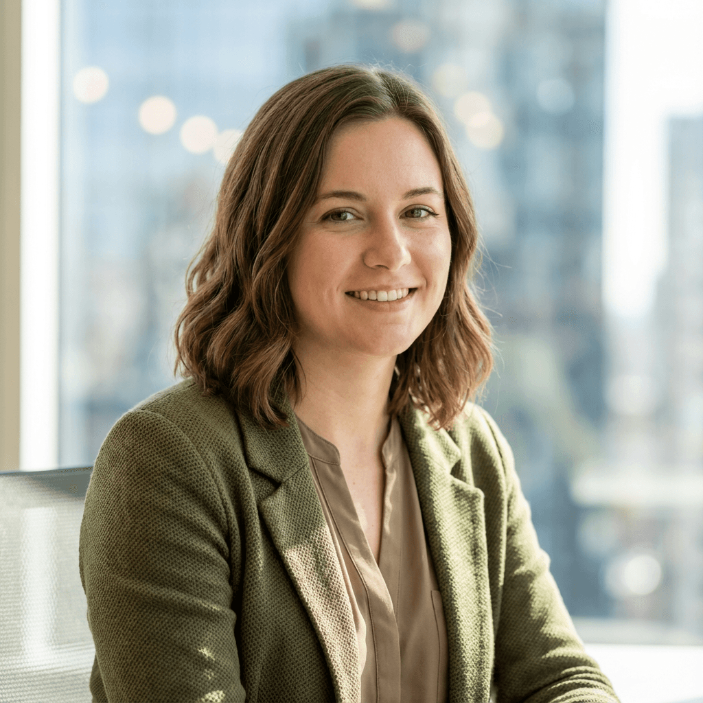 Sarah O'Connor in a smart blouse in a meeting room