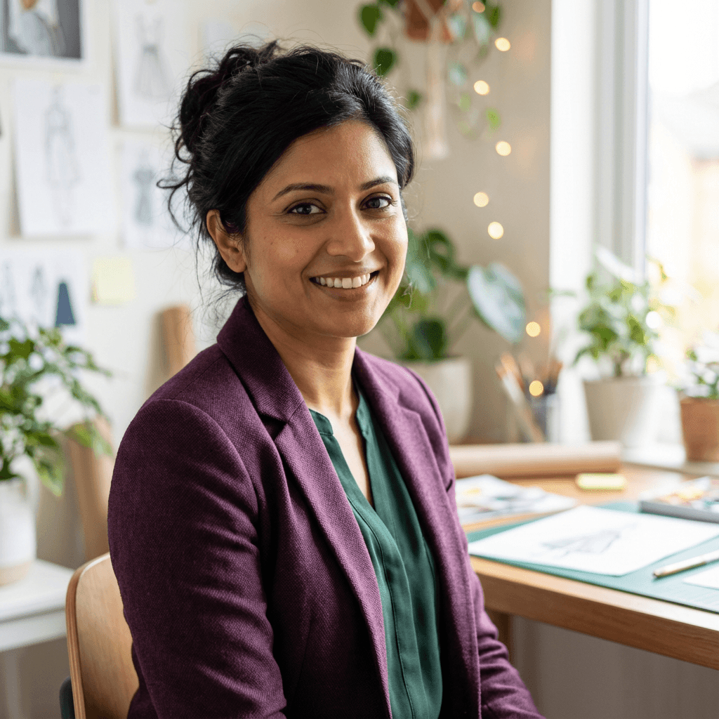Female commercial property owner in her 40s, South Asian, professional office setting