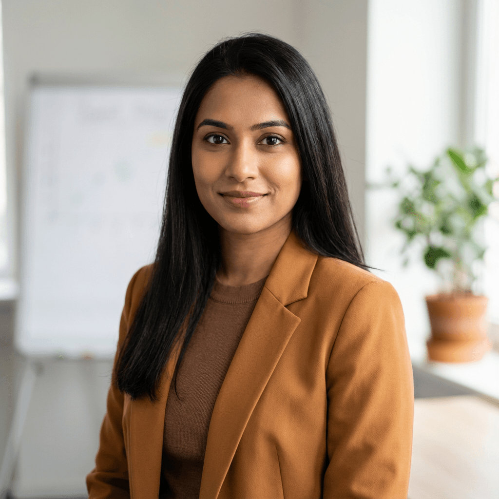 Priya Sharma in a professional blazer in an office
