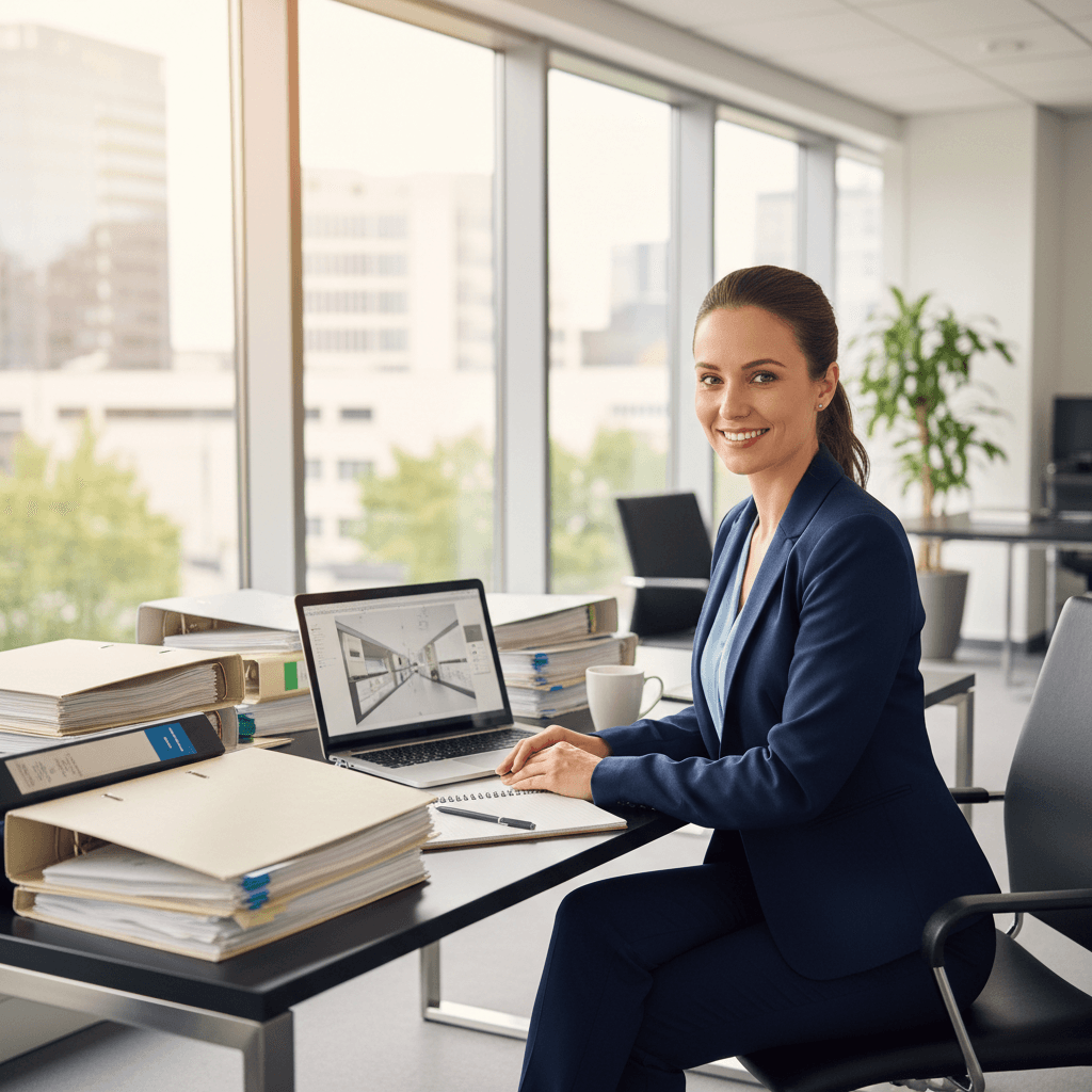 Professional woman in a blue suit smiling at a desk with laptop and office binders.