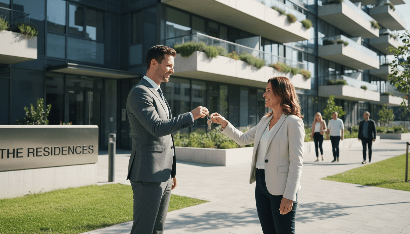 Property manager handing keys to a landlord outside a residential building