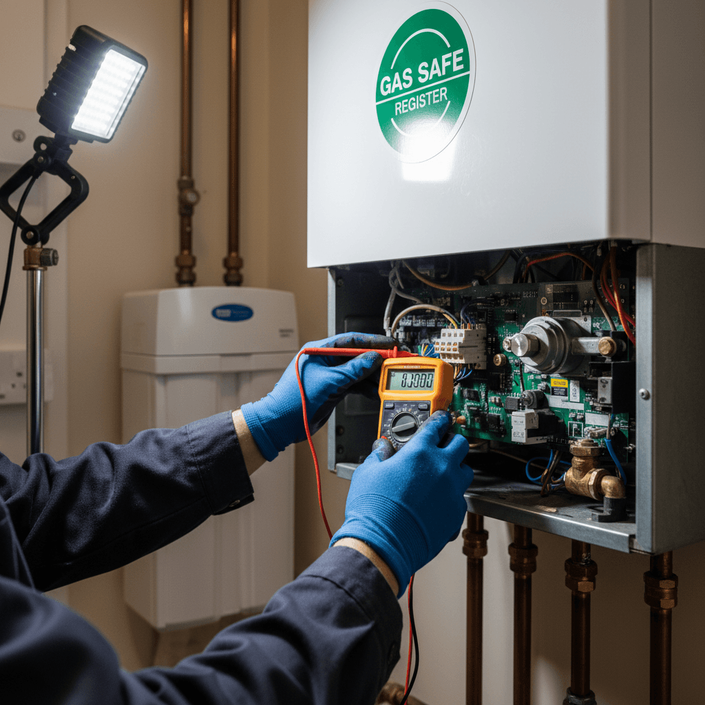 Inspector reviewing safety certificate beside a modern boiler