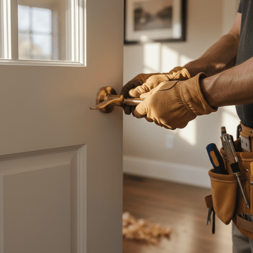 Maintenance worker fixing a door hinge