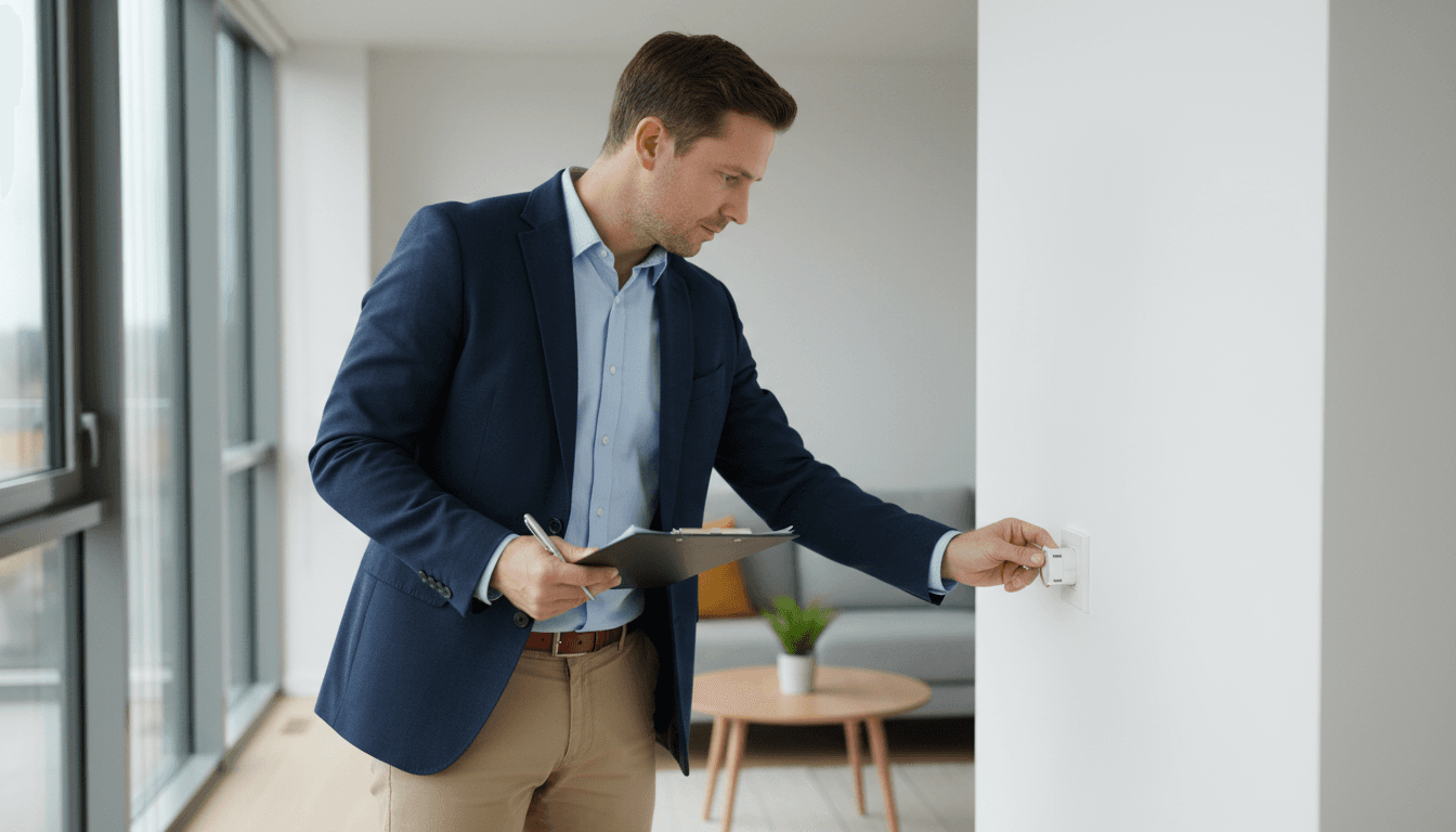 Property manager inspecting a building exterior with a clipboard