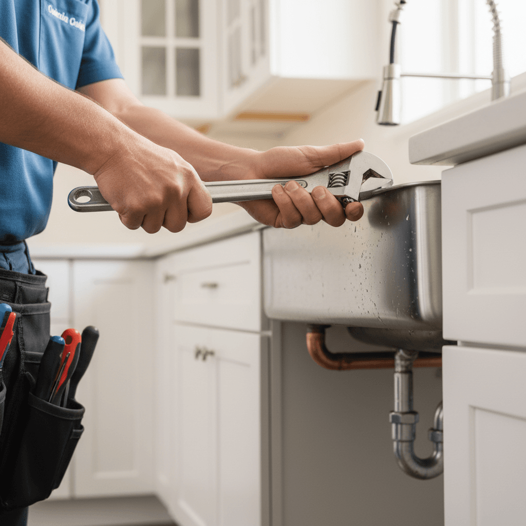 Plumber fixing a leaking pipe beneath a kitchen sink