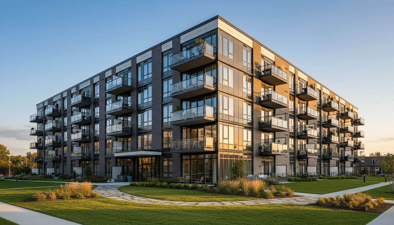 Modern apartment block with maintained exterior and tidy entrance