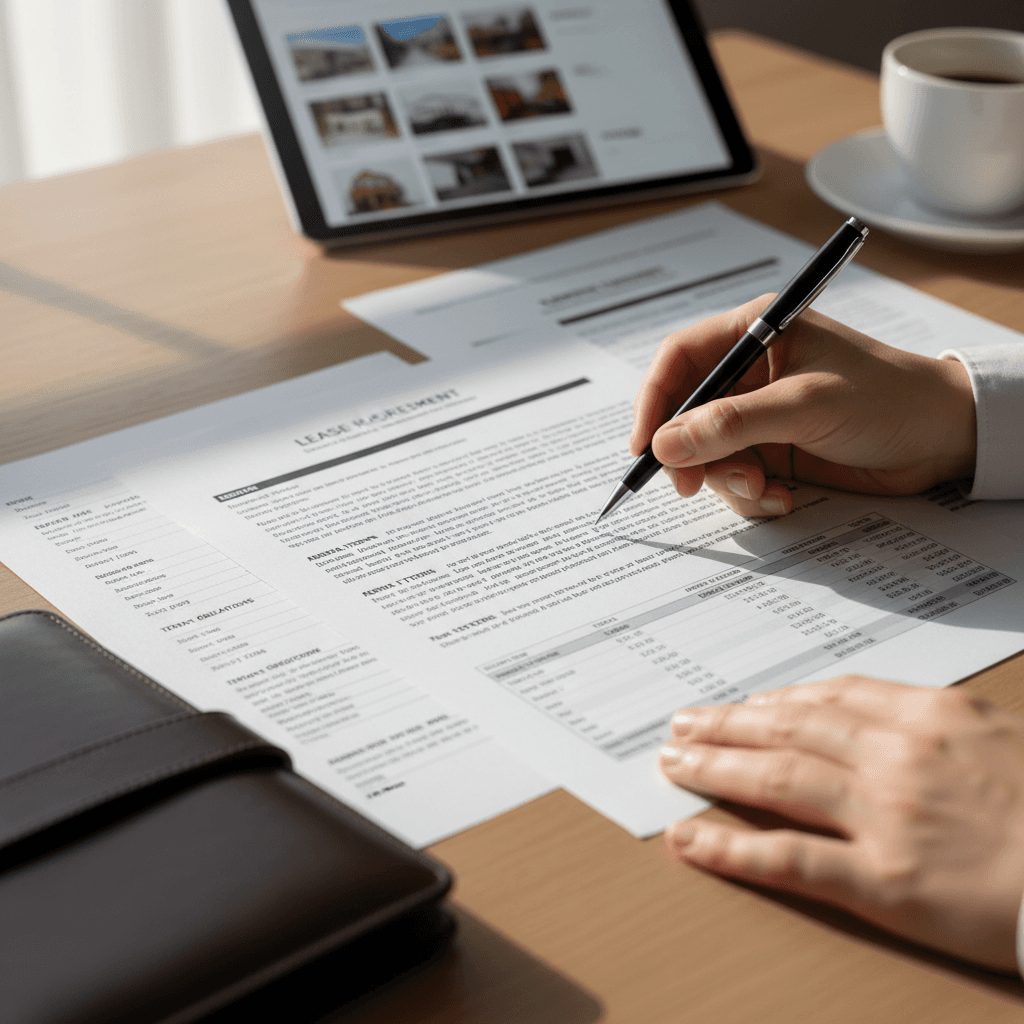 Property manager reading lease agreement at a tidy office desk