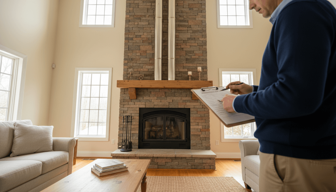 Inspector checking a tidy living room with a clipboard in hand